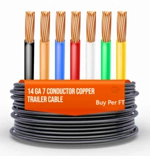 14 Gauge 7 Way Trailer Wire RV Stranded Conductor COPPER Cable Harness 14/7