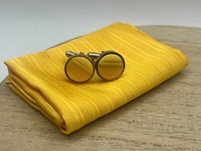 Mustard Yellow Small Striped Cufflink  Handkerchief Set