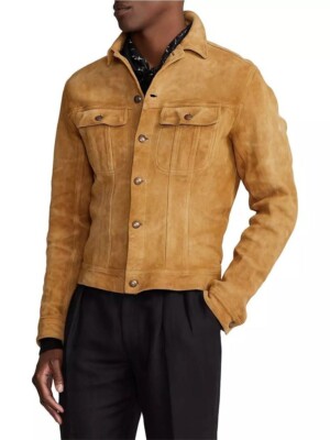 Mens Brown Tan leather Trucker jacket pure suede slim fit bomber biker jackets S