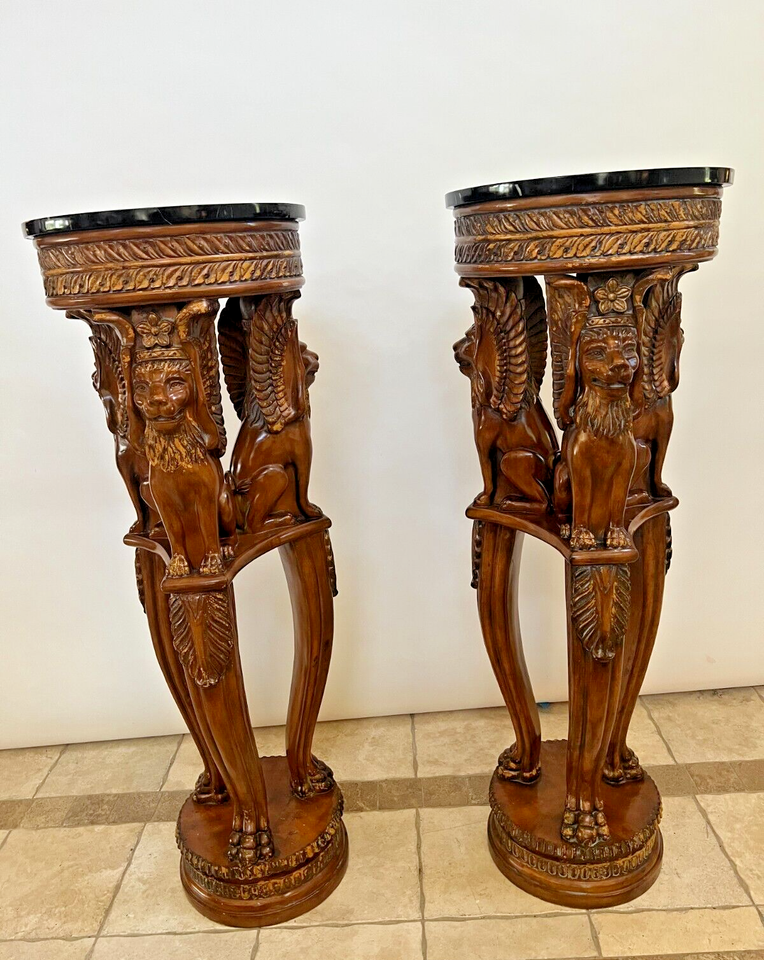 Vintage Pair Large Plant Stands Winged Lions Faux Bronze Marble Resin