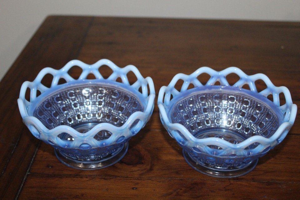 Set of 2 Vtg Imperial Glass Katy Blue Opalescent Cereal Bowl Dish Open Lace Edge eBay