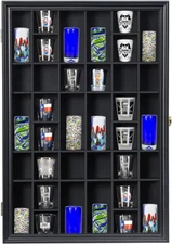 Shot Glass Display Case Wooden Cabinet Rack Holder Wall Mounted Black Shadow Box