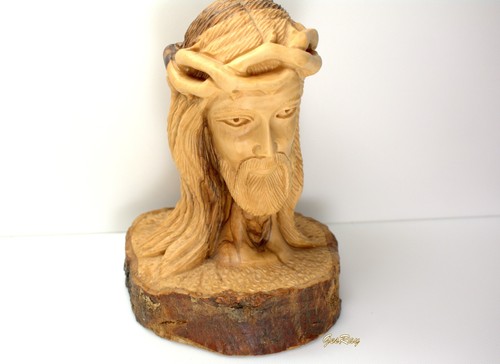 Vintage Bust of Jesus Head Hand Carved Wooden Olive Wood, Jesus Carved Statuette - Picture 3 of 8