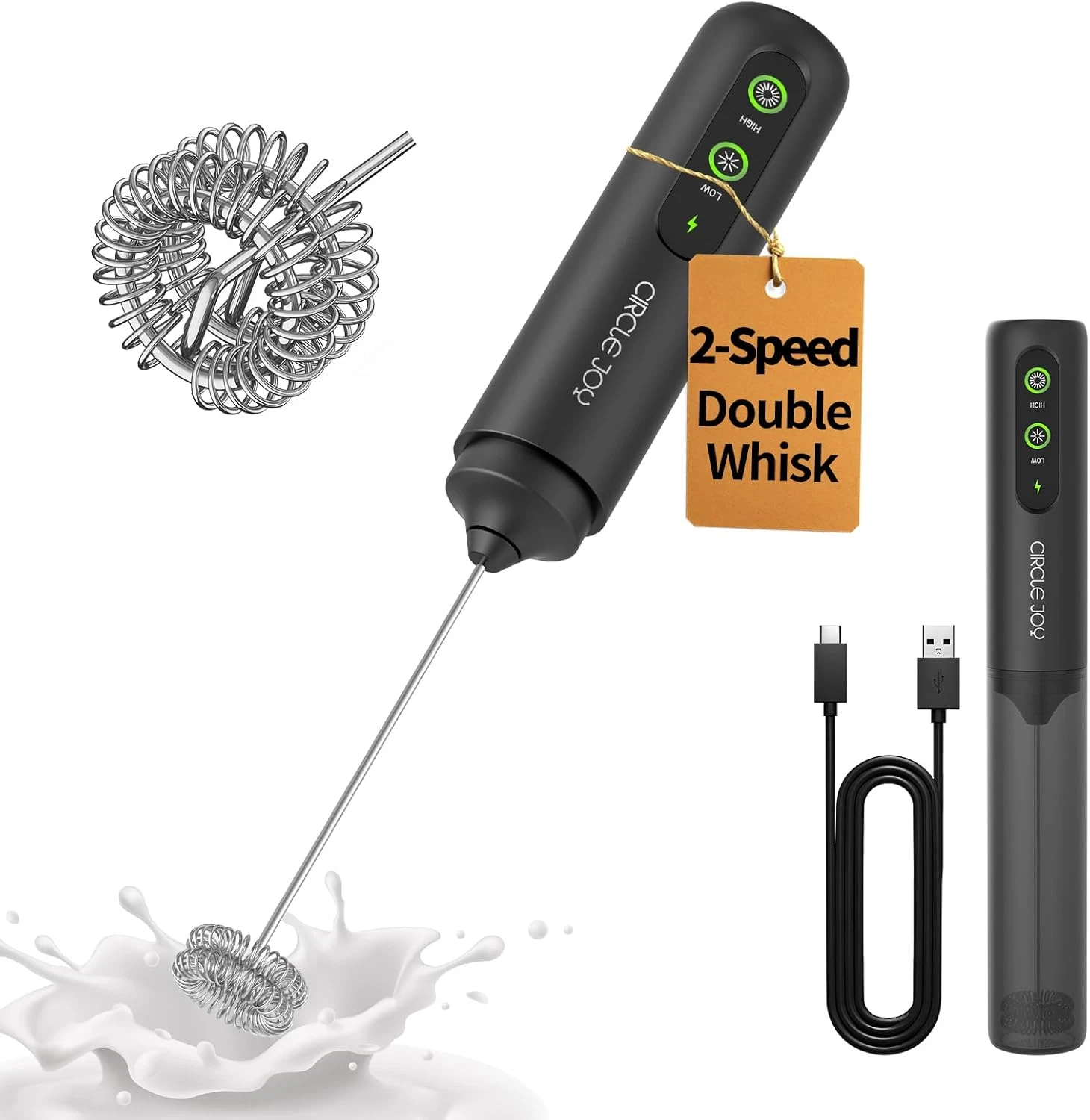 2-Speed Rechargeable Milk Frother Hanheld, Dual Coil Whisk Head Electric Coffee