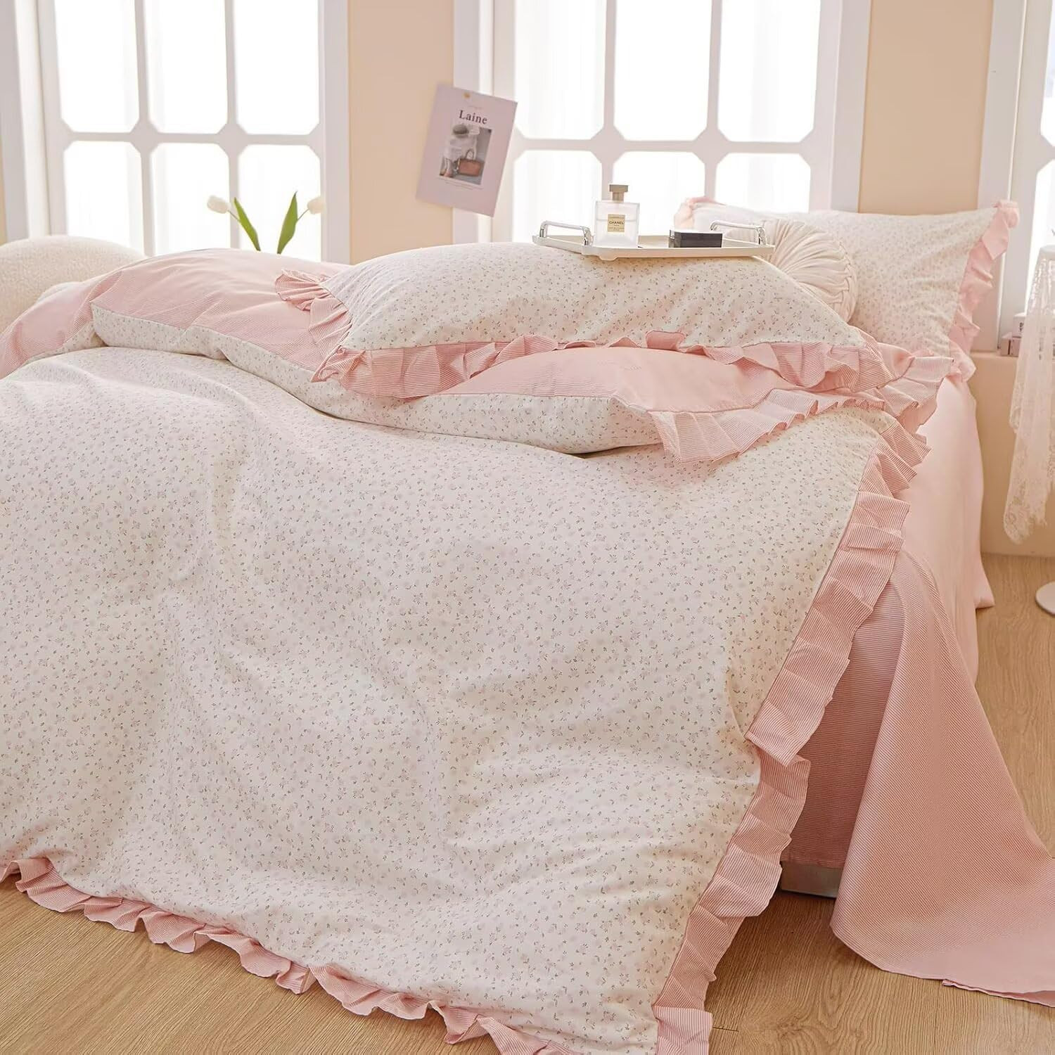 Pink Duvet Cover Full Size 100% Cotton Floral with Ruffle, Princess Coquette Bed