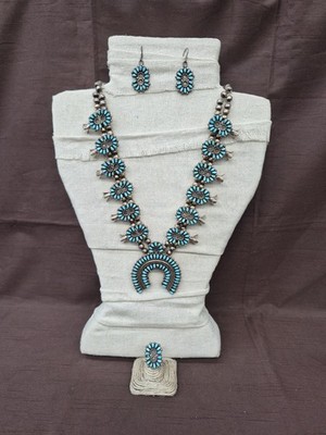 Zuni Signed M. BAHE  Petit Point Squash Blossom 3pc Set 