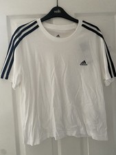 BNWT Adidas White Cotton Cropped Shirt Size L 16  Black Stripes