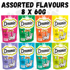 Dreamies Cat Treats 8 x 60g - Beef Catnip Cheese Chicken Duck Salmon Turkey Tuna