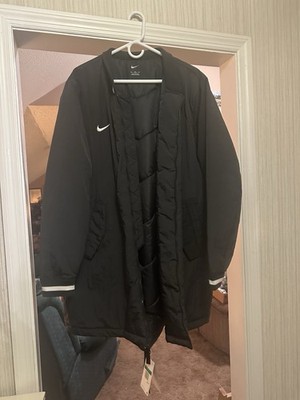 Nike Men's XL Black White Quilted Long Puffer Jacket Full Zip Logo Striped Cuffs