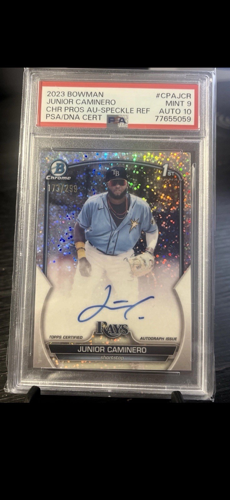 Junior Caminero 2023 Bowman Chrome 1st Speckle Auto /299 PSA 9/10 Tampa Bay Rays