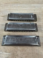 Vintage Estate Fresh Lot Of 3 Hohner Echo Super Vamper Harmonicas Metal Germany