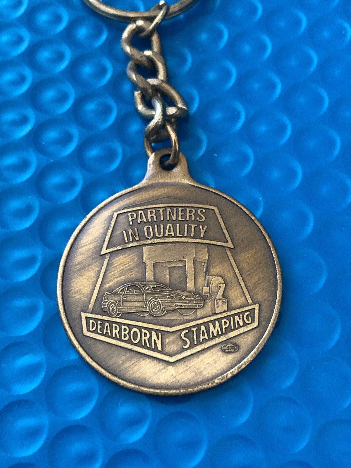 Vintage Ford Racing UAW United Auto Workers Brass Keychain