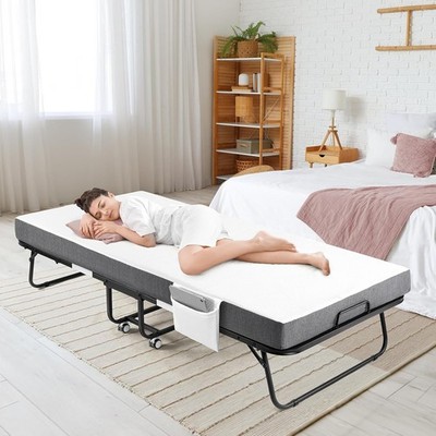 Portable Folding Bed Rollaway Bed with 4-inch Thick Mattress Guest Bed Metal