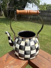 Mackenzie Childs 2.5 Quart Tea Kettle Courtly Check Black Wooden Handle No Lid