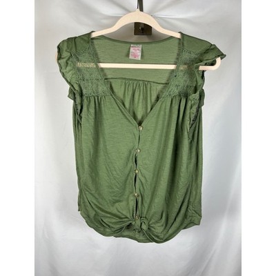 No Boundaries Olive Green Lace Shoulder Ruffle Sleeve Tie Front Top XXXL 3XG 21