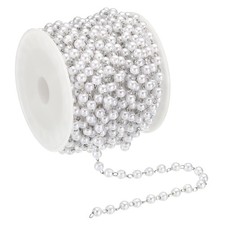 16 Feet Faux Pearl Beading Chain, 4mm Brass Chain Link Style 1, Silver