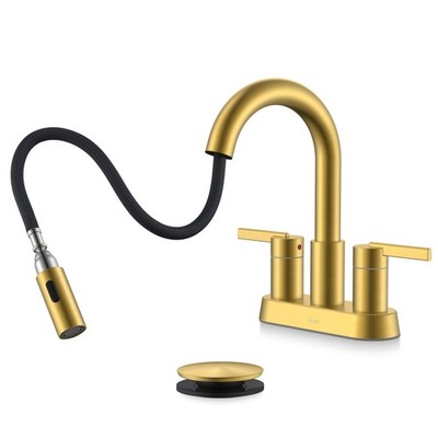 KENES Brushed Gold Centerset Bathroom Faucet with Pull Out 