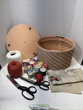 Vtg Sewing Basket Pink Princess Wicker 1940s Harvey Basket With Scissors &Thread