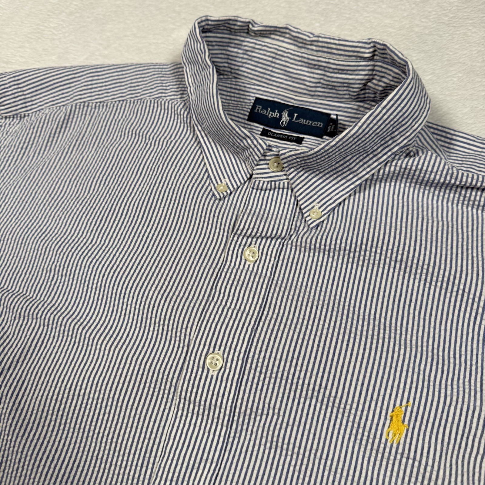 Ralph Lauren Seersucker camicia uomo XXL blu a righe manica corta giallo pony
