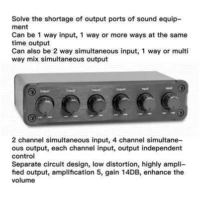 2 In 4 Out Sound Mixed Distributor Lossless Volume Adjustable 3.5mm Headphon Fit