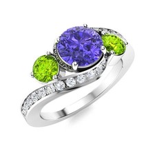925 Sterling Silver 5MM Round Tanzanite  Peridot Three Stone Engagement Ring