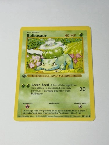 Bulbasaur 1st Edition Shadowless Base Set 44/10 Vintage Pokemon TCG Card LP/MP