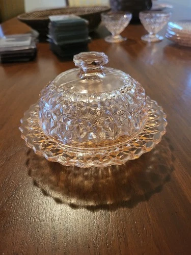 VTG Jeannette Pink Depression Glass Holiday Buttons & Bows Butter Dish. 1947-49