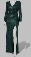 XSCAPE Women Green Sequined V-Neck Long-Sleeve Side-Slit Gown Dress Petite 14P