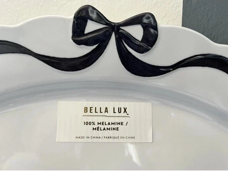 "Juego de 4 platos de cena de melamina Bella Lux blanco y negro con lazos de cinta de coqueta de 11""" Foto 2 de 4