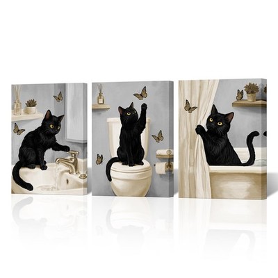 Black Cat and Butterfly Canvas Bathroom Wall Art, Modern Bathroom Decor Funny...