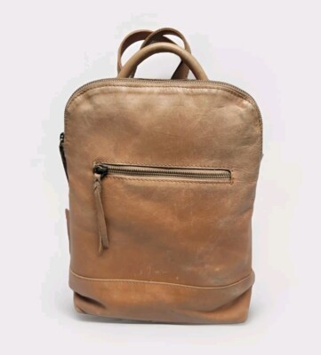 Able Meron Backpack Medium Brown Tan Leather Travel Zipper Adjustable Straps 
