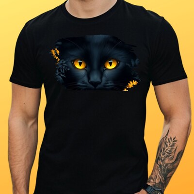 Mens Black Cat With Yellow Eyes Motif Cotton T-Shirt Size XS to 5XL