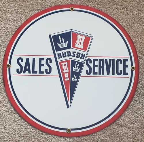 Vintage Hudson Sales & Service Round Porcelain Coated Metal Sign 11.75 Inch