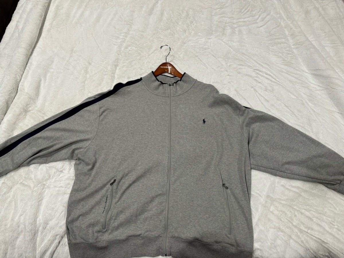 Polo Ralph Lauren Zip Up Track Jacket- Grey With Navy Blue Strip