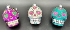 Kurt Adler Day Of The Dead Sugar Mouth Blown Skull Glass 3 Ornaments Hand Paint