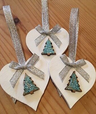 3 X Handmade Christmas Decorations Shabby Chic Wood Heart Tree Bows Silver Blue