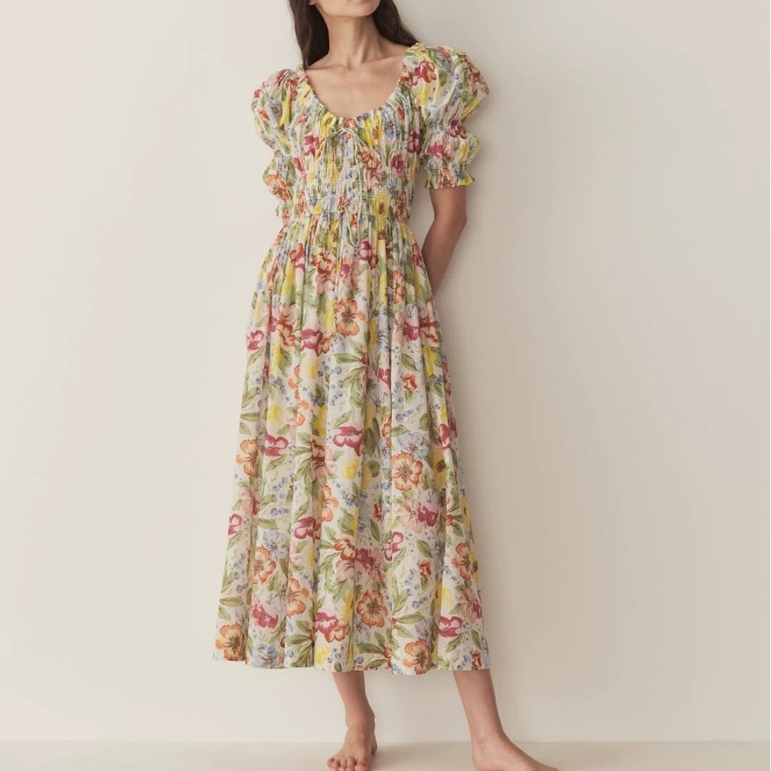 Women Doen U-neck Floral Puff Sleeve A-line Midi Dress