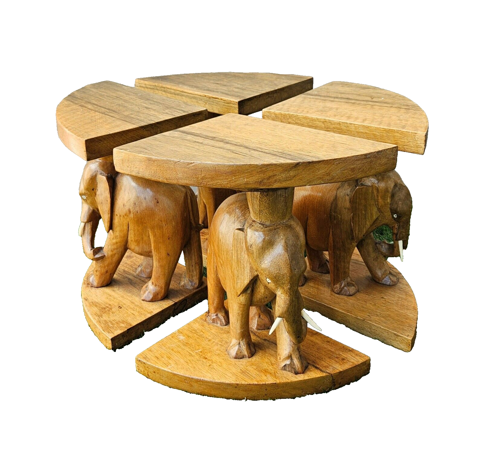 Vintage Hand Carved Wood Set of 4 Elephant Low Pedestals Tables 111