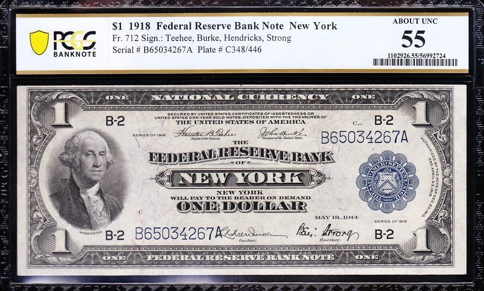 Amazing Crisp HIGH GRADE 1918 $1 New York FRBN Note! PCGS 55! FREE SHIP! 34267A - Image 2 of 3