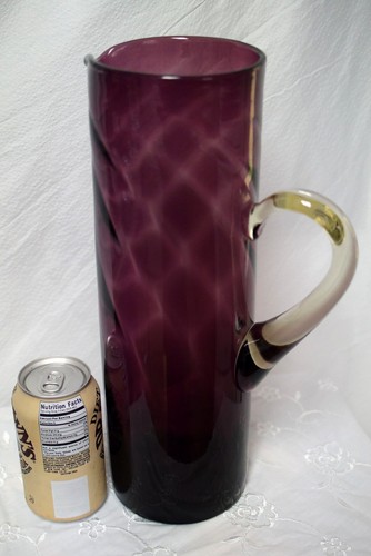 MCM Blenko ? Amethyst Optic Glass-W.Va.-Tall Column Pitcher-13.75" Clear Handle - Picture 10 of 12