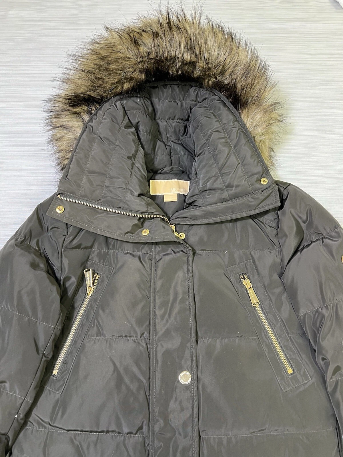 Parka donna Michael Kors piumino pelliccia sintetica cappuccio puffer trapuntato cappotto cintura taglia XS