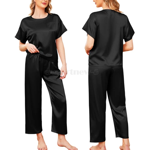 Silk Pajamas for Women Short Sleeve Satin Sleepwear Two Piece Pj Sets Loungewear - Picture 12 of 17