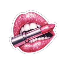 Sexy Pink Lips Lipstick Mouth Bite High Gloss Shine Sparkle Kiss-Cut Stickers