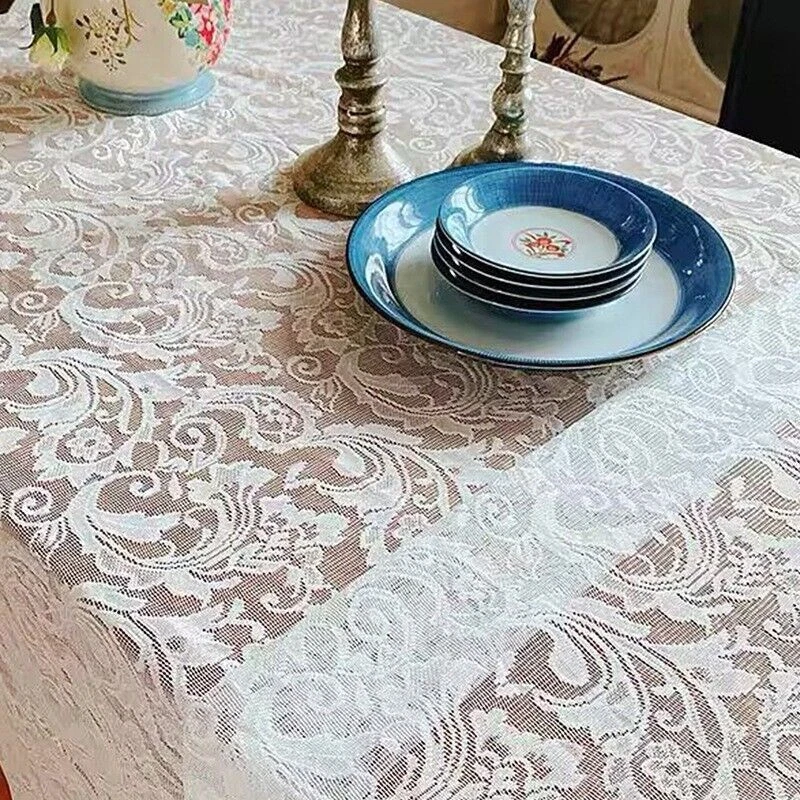 White Vintage Embroidered Floral Lace Tablecloth Rectangular Table Cover Wedding - Image 3 of 4