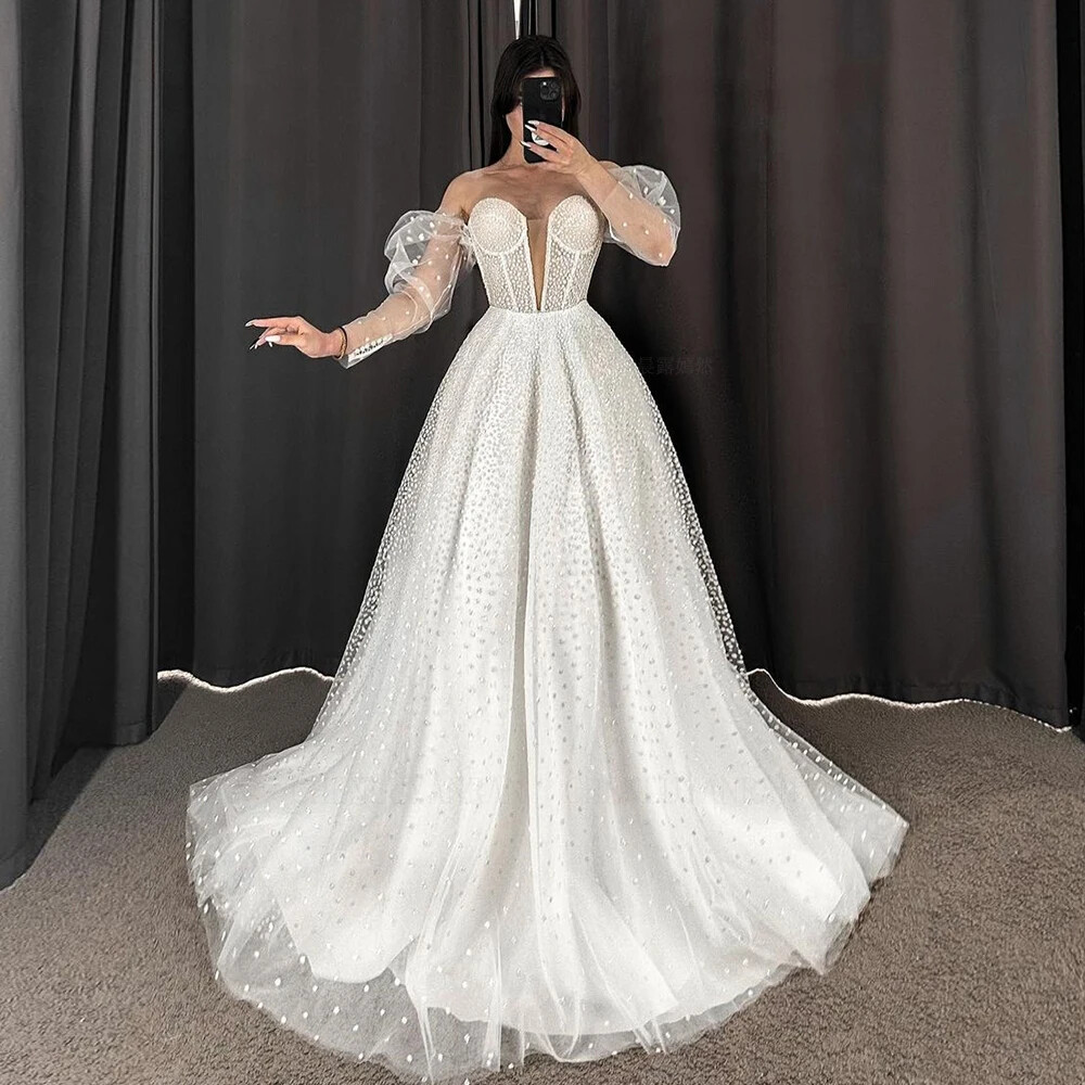 Sparkle Tulle Wedding Dresses Sweetheart Long Sleeves A-Line Beach - Main Image