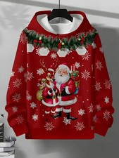 Red Christmas Hoodie Santa Reindeer Snowflake Print Festive 3D Holiday Pullover