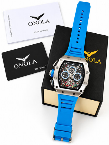 ONOLA Men's Automatic Skeleton Watch Blue Silicone Strap Luxury Sport Gift UK