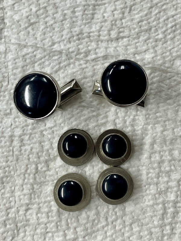 Pioneer Signed Black Onyx Silver Tone Cufflinks And Studs 6 Piece Set