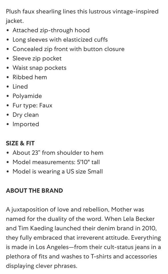 Moletom com capuz Mother feminino tamanho pequeno The Puffer com zíper sentimentos quentes Shearling Bomber - Imagem 4 de 4