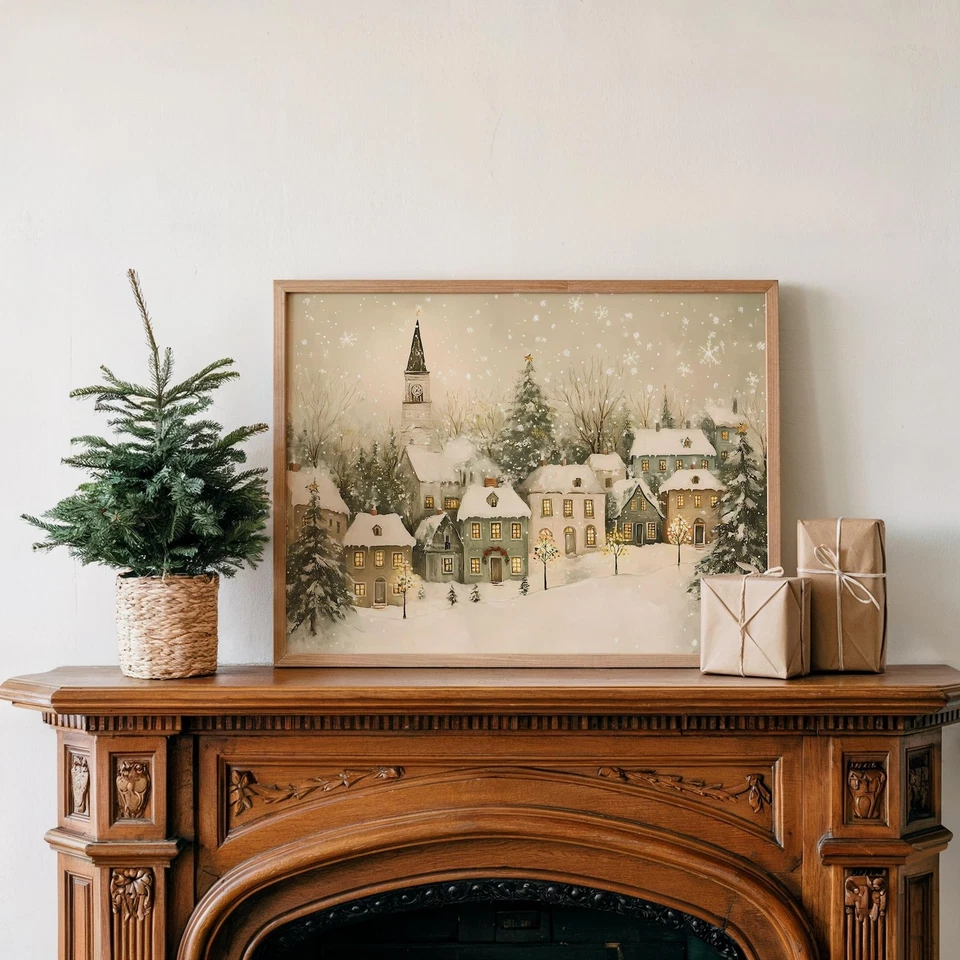 Уютный плакат Рождественской деревни — снежный зимний город, праздничное настенное искусство - Изображение 3 из 4